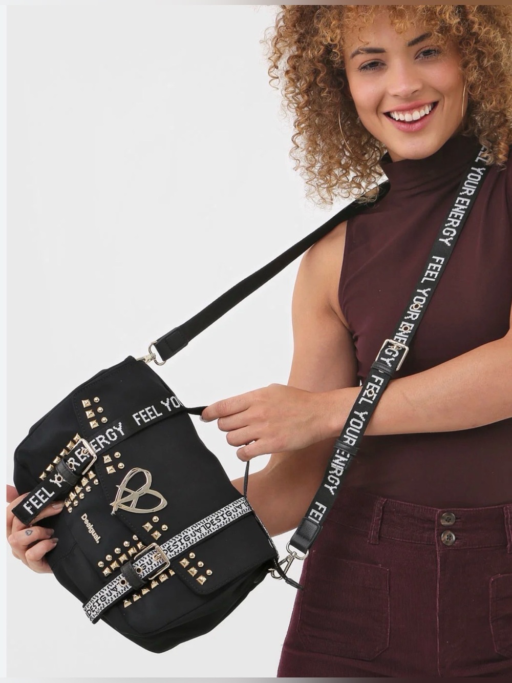 Desigual Metal Studded Crossbody Hippie Handbag ‘Feel Your Energy’
